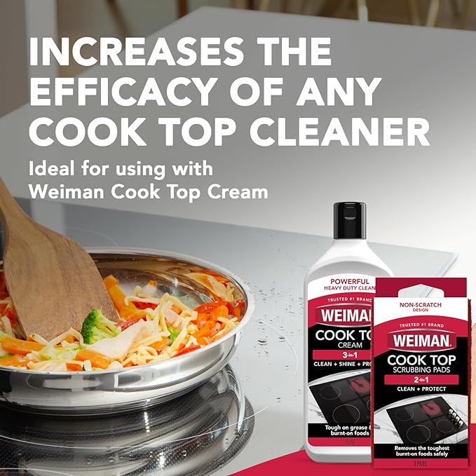 Weiman Cooktop Scrubbing Pads, 3 Count Scratch-Free Cleaning Pads for Cermaic, Glass Cooktop Surfaces, Removes Tough Burned-On Food & Residue