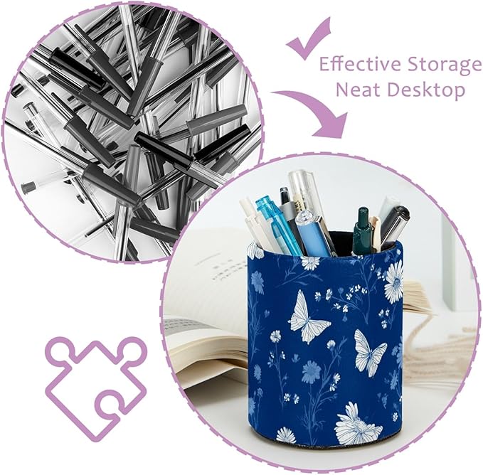Leather Pen Holder for Desk Blue Butterfly Pencil Cup Desktop Organizer Makeup Brush Holders Office Supplies for Home, Kids & School