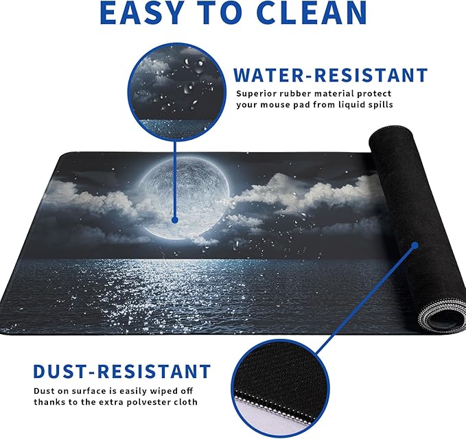 Black Sea Mouse Pad Abstract Black Mouse Pad 31.5x11.8 Inch Moon Texture Non-Slip Rubber Base Large Mousepad Stitched Edges Keyboard Mouse Mat Desk Pad for Office and Home