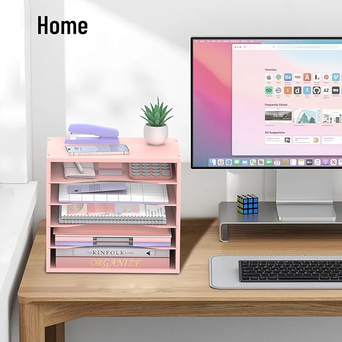 5-Tier Wood Desk Organizer, Paper Tray Organizer for Desk with Adjustable Storage Shelves, Desktop Paper Sorter Mail Holder for Office Home Classroom, Pink