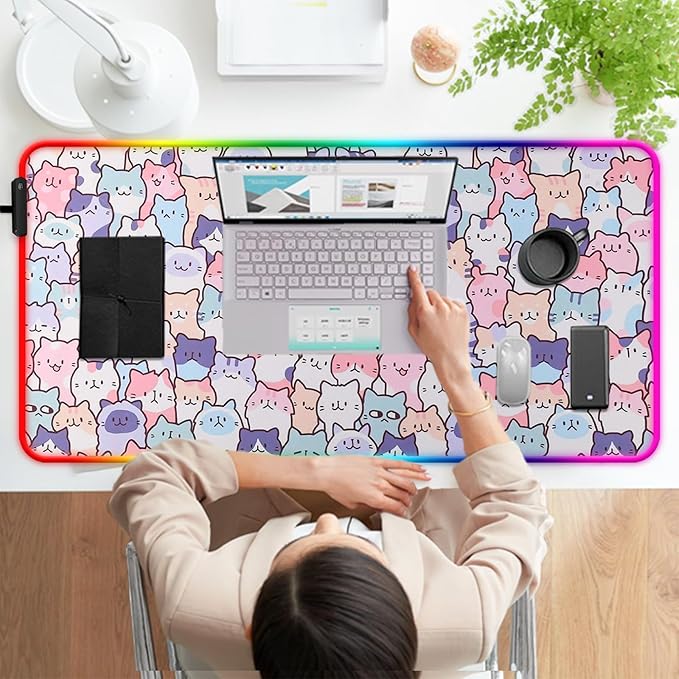 RGB Pink Cat Mouse Pad, Large LED Gaming Light Up Computer Mousepad, Long Glowing PC Laptop and Keyboard Office Desk Mat for Women