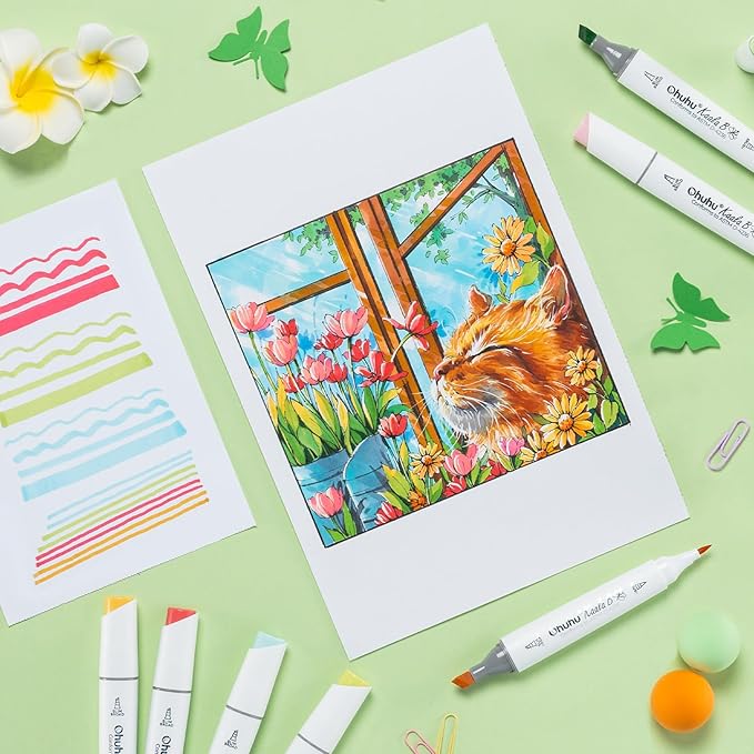 Ohuhu Alcohol Markers: Mini Brush & Slim Broad 60 Landscape Colors Dual Tip Brush Tip Alcohol-based Art Marker for Artists Adults Coloring Illustration- Refillable - Kaala B Series of Ohuhu Markers