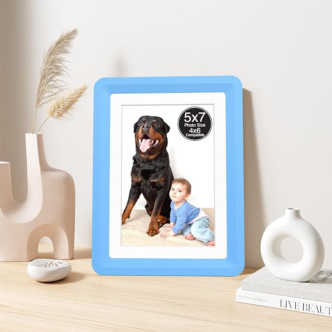 1-Pack 5x7 Picture Frame or 4x6 with Mat – Shatterproof Plastic Photo Frame for Family, Nursery, and Playroom, Wall & Tabletop Picture Frames for Home, Office, Safe & Lightweight Design in Blue