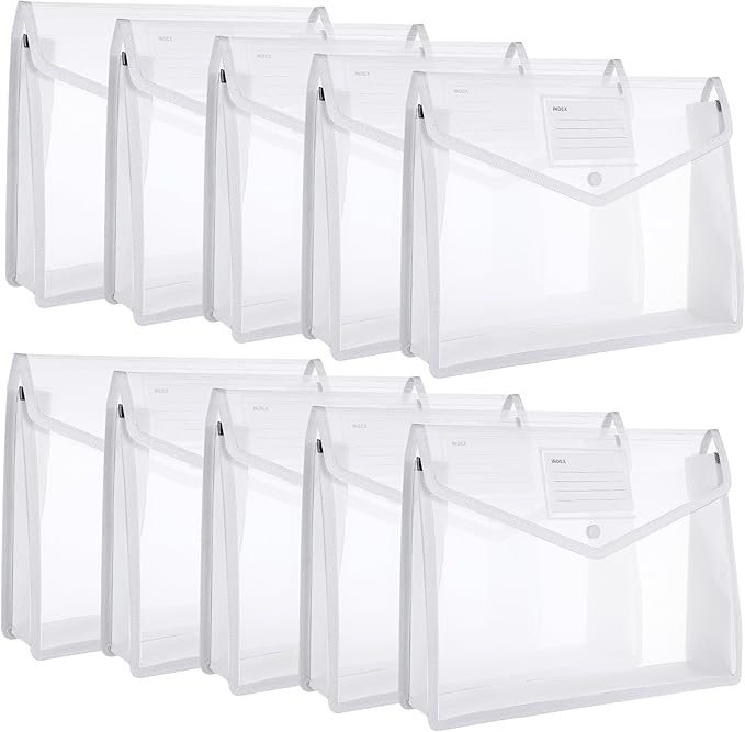 10 Pieces Plastic File Folders Envelope Expanding File Wallet Organizer Documents Folder with Snap Closure and Pocket, A4 Size Waterproof Transparent Pouch(White,Horizontal)