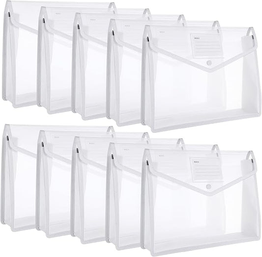 10 Pieces Plastic File Folders Envelope Expanding File Wallet Organizer Documents Folder with Snap Closure and Pocket, A4 Size Waterproof Transparent Pouch(White,Horizontal)