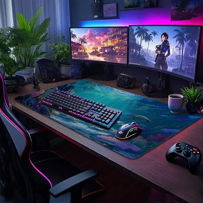 Sea Turtles Large Gaming Mouse Pad 31.5"x15.7"｜ Ocean Scene XXL Desk Mat, Non-Slip Rubber Base & Stitched Edges - Extended Waterproof Mousepad for PC/Laptop/Office/Home Decor