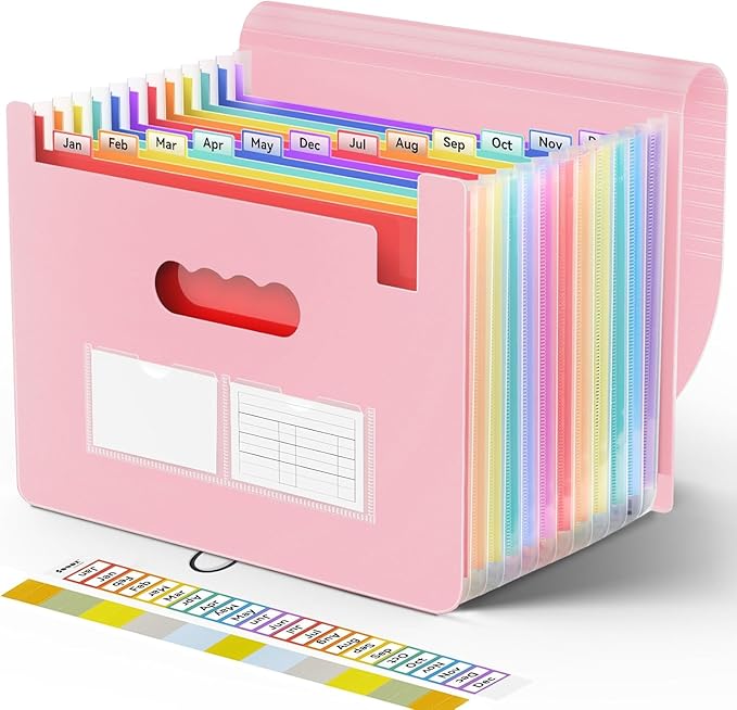 Sooez Accordion File Organizer, 13 Pockets Expanding File Folder, Portable Monthly Paper Bill Tax Receipt Organizer, Letter A4 Size Document Holder with Blank Labels