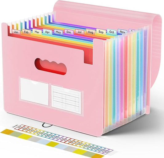 Sooez Accordion File Organizer, 13 Pockets Expanding File Folder, Portable Monthly Paper Bill Tax Receipt Organizer, Letter A4 Size Document Holder with Blank Labels