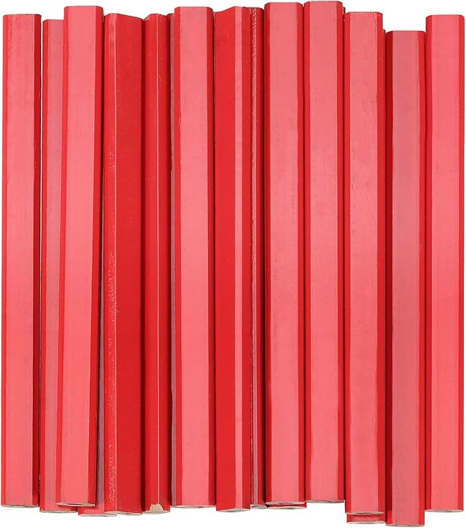 SINJEUN 144 Pieces 7 Inch Red Carpenter Pencils, Octagonal Flat Wooden Pencil, Professional Medium Hard Graphite Hard Carpenter Woodworking Marking Pencils