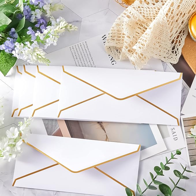 Ireer 100 Pcs #10 White Business Envelopes Letter Size with Gold Border 9.45 x 4.13 Inch Self Seal Decorative Gift Envelopes for Cards Letters Invitation Office Wedding Birthday Supplies