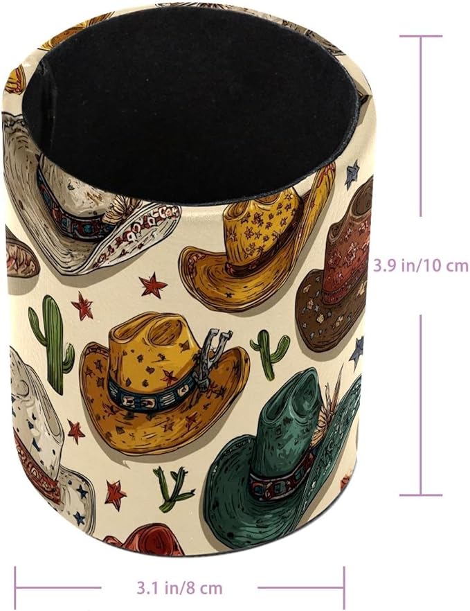 1 Pack Western Cowboy Hat Circular Pen & Pencil Holder - Durable PU Leather Pencil Cup, Desk Accessories Organizer for Office Desk School Home