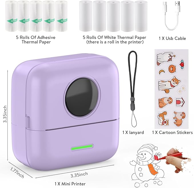 HuiJuKeJi Mini Sticker Printer Bluetooth Smart Pocket Inkless Thermal Printer with 11 Rolls Thermal Paper and Sticker for iOS&Android, Portable Receipt Printer for Photo Journal Notes Memo