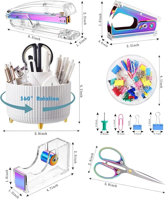 Desk Organizers and Accessories 7Pcs Set with 360-Degree Rotating Pen Holder, Acrylic Stapler, Tape Holder, Staple Remover, Binder/Paper Clips Kit, Scissor and 1 Box of Staples (Colorful)