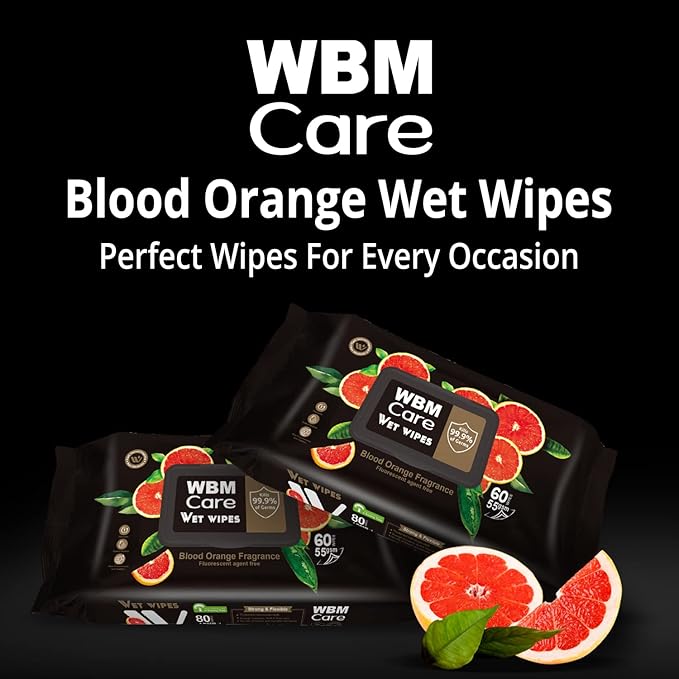 WBM Care Wipes for Adults, Blood Orange Scented & Flip Top Dispenser, For On-The-Go Cleanliness, All-Purpose Cleaner, Body Wipes, 60 Sheets (Pack of 12)