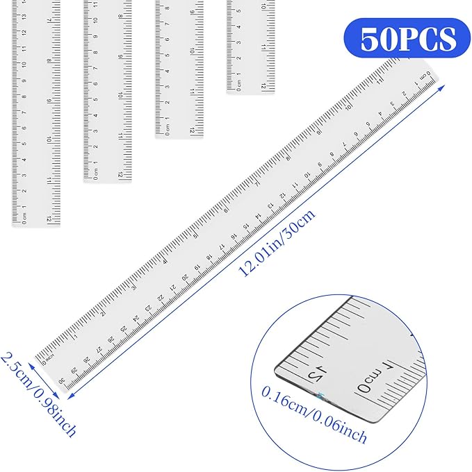 Zonon 50 Pcs 6 Inch/12 Inch Plastic Rulers Bulk Flexible Straight Rulers with Inches Centimeters First Day of School Gift Students Back to School Office Home Supplies(Clear,12 Inch)
