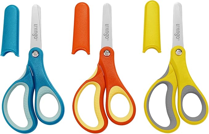LIVINGO 3 Pack 5” Kids Scissors, Left/Right Handed Blunt Stainless Safety Toddler Preschool Child Scissors with Cover, School Classroom Craft Supplies for Teachers, Yellow/Blue/Gray