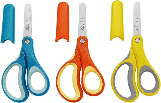 LIVINGO 3 Pack 5” Kids Scissors, Left/Right Handed Blunt Stainless Safety Toddler Preschool Child Scissors with Cover, School Classroom Craft Supplies for Teachers, Yellow/Blue/Gray