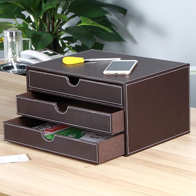 Stackable 3-Drawer Desk Organizer, Executive Office Supplies Desktop Filing A4 File Cabinet/Holder, Leather Storage Box for Document/Paper/Home Decor Accessories (brown)…