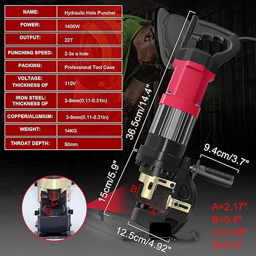 1400W Electric Hydraulic Hole Punch for Metal,Steel Hole Punch Heavy Duty Hydraulic Hole Puncher,Electric Punching Machine with 5 Dies - Precise Drilling for Aluminum Copper Plate Angle Iron,MHP-20