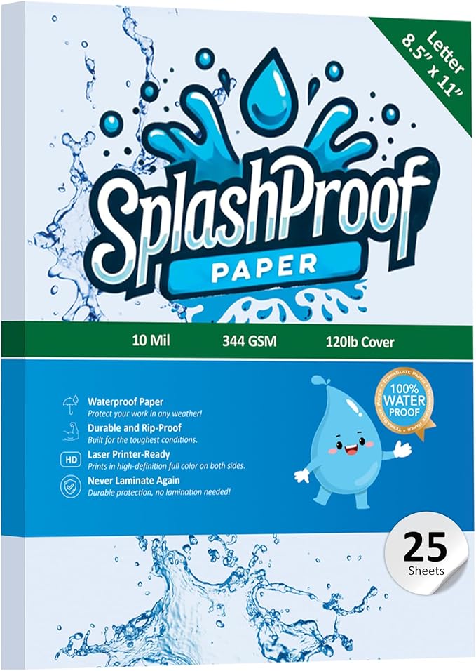 Printer Paper - 8.5" x 11", 10 Mil Waterproof Paper, Laser Printer & Copy Machine Compatible (25 Sheets)