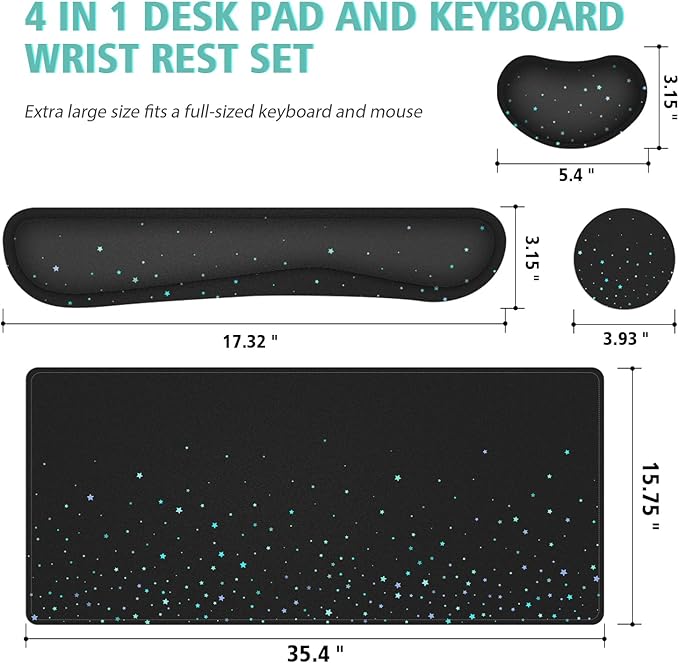 Desk Mat for Keyboard and Mouse,4in1 XXL Mousepad + Keyboard Wrist Rest+Mouse Wrist Rest+Coaster Set with Ergonomic Desk Pad for Home Office(Black Bluestar)