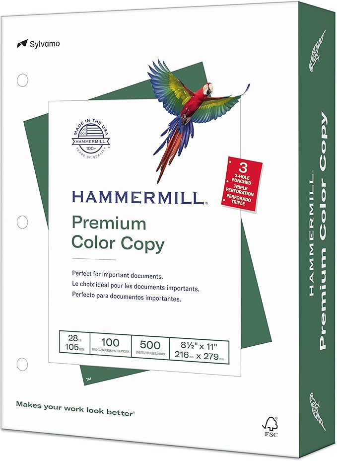 Hammermill Printer Paper, Premium Color 28 lb Copy Paper, 3 Hole - 1 Ream (500 Sheets) - 100 Bright, Made in the USA, 102500R
