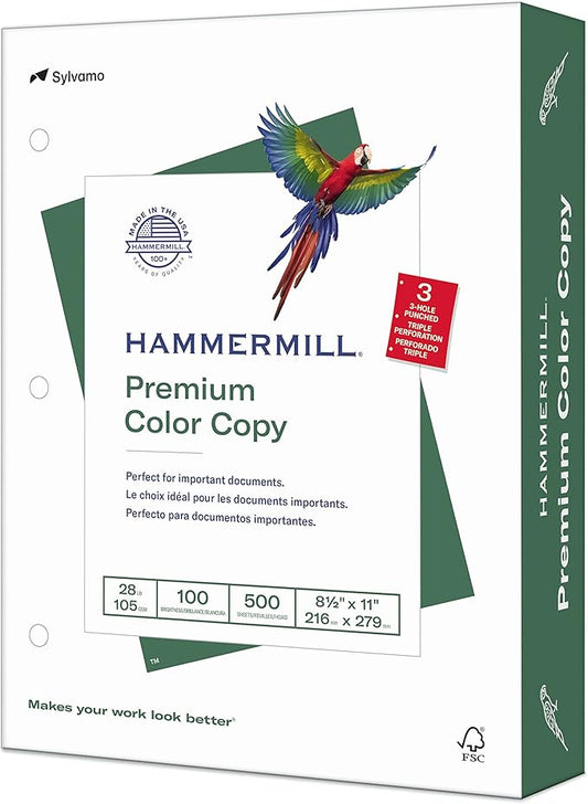 Hammermill Printer Paper, Premium Color 28 lb Copy Paper, 3 Hole - 1 Ream (500 Sheets) - 100 Bright, Made in the USA, 102500R