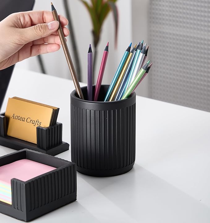 Aesthetic Charcoal Black Pen Holder for Desk - Concrete Modern Sturdy Black Pencil Holder for Desk- Cement Fluted Pen Cup Organizer - Minimalist & Modern Industrial Aesthetics to Office Decor