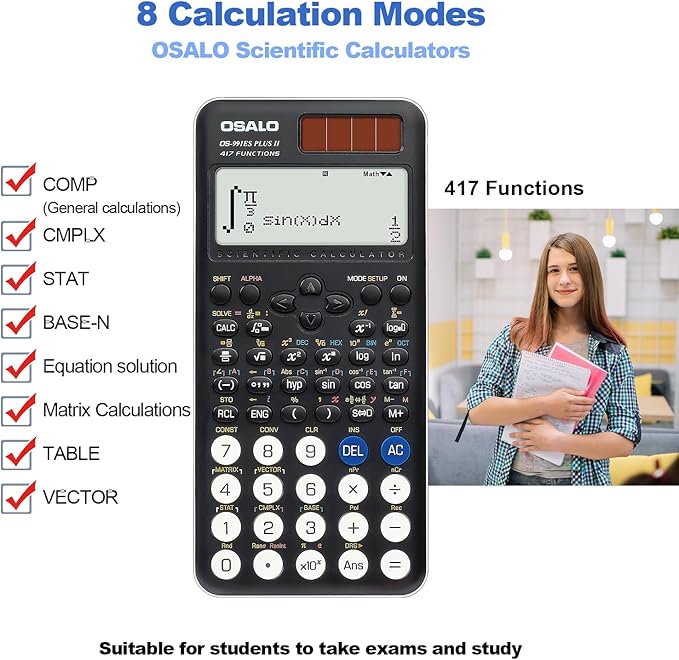 OSALO Scientific Calculator 417 Function 2 Line 10+2 Digits Written Display Solar and Battery Calculators for School College Students Secondary Black (OS 991ES Plus 2nd Edition)