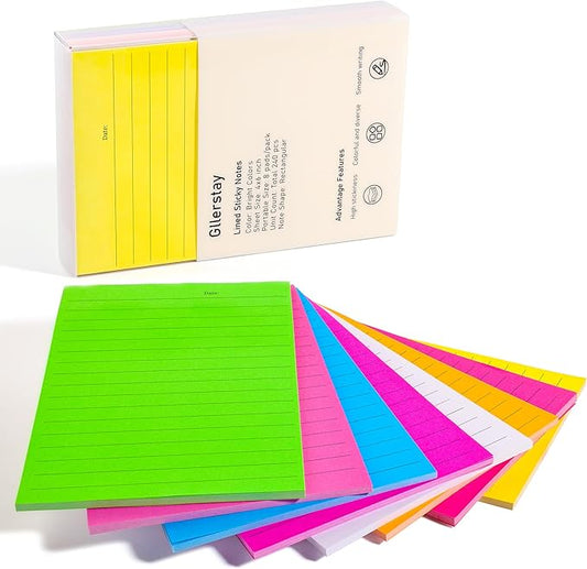 8 Pack Lined Sticky Notes 4x6 in Ruled Stickies Super Sticking Power Memo Pads Bright Colors, 240 Sheets Strong Adhesive Lined Sticky Notes, Eucalyptus & Mint Scented Post it Notes- Teacher Supplies