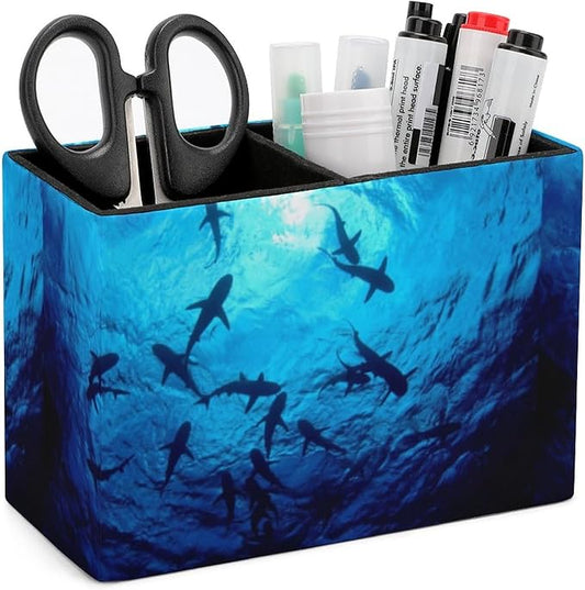 Pen Holder, Pencil Holder for Desk Organizer, Sea Ocean Animal Sharks PU Leather Pencil Cups Desktop Stationery Storage Makeup Brush Holder Pen Organizer for Office Home