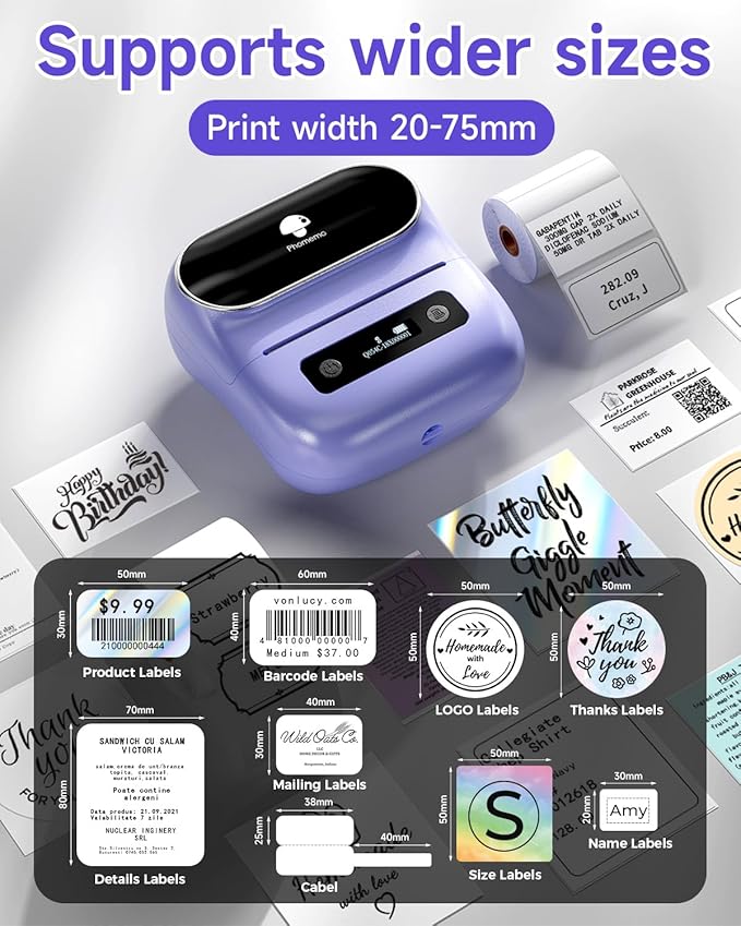 Phomemo M220 Label Maker, Bluetooth Thermal Label Maker Machine for Barcode, Address, Home, Mailing, Small Business,Clothing, Portable Wireless Printer with 1 Rolls Label, Purple