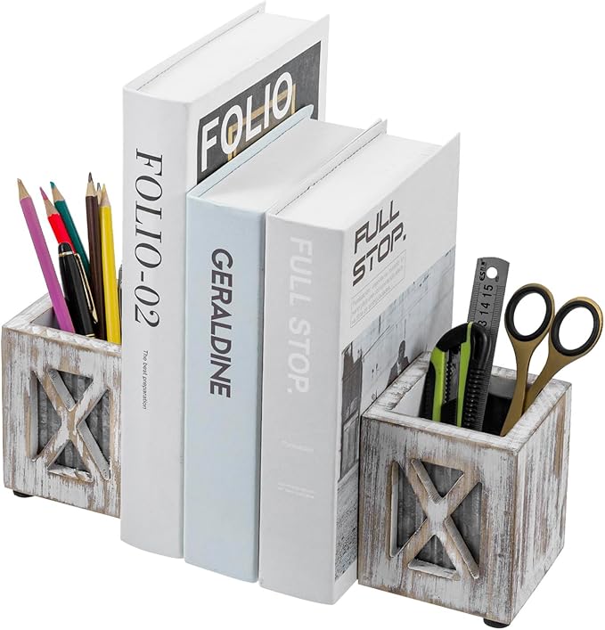 MyGift Decorative Bookends with Pencil Cup, Shabby Weathered White Washed Wood Bookends, Desktop Book Ends with Pen Holder Stationery Storage Bins for Home Office, Classroom, Dorm Room