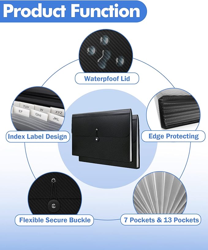 Cesil 2Pcs Expanding File Folders, 13 Pockets File Organizer Accordion File Holder with Elastic Buckles Closure, A4 Paper Document Organizer for Home School Office