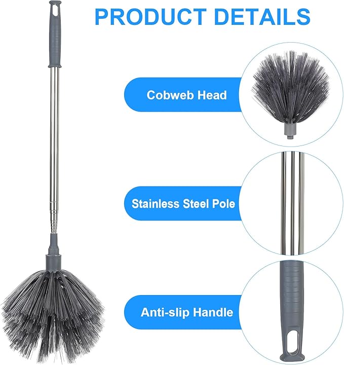 PRETYZOOM Extendable Cobweb Duster with Telescoping Pole and 3 Cleaning Heads Lightweight Spider Web Remover for High Ceilings and Outdoor Use Adjustable Length up to 94.5 Inches