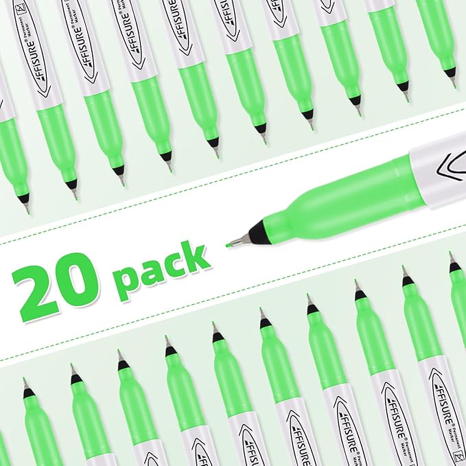 Green Ultra Fine Point Permanent Markers, 20 Pack, 0.4 mm, Precision Extra Fine Tip for Detailed Writing, Art, Crafts & Labeling on Paper, Plastic, Glass, Metal, Waterproof, Fade-Resistant Ink ﻿