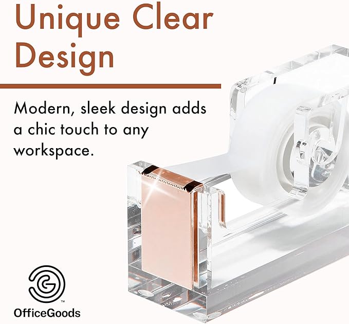 OfficeGoods Acrylic Tape Dispenser – Modern Desk Organizer for Office Supplies – Heavy Duty Refillable Tape Holder for Home and School Crafting – Stylish Desktop Accessory for Gift Wrapping, Rose Gold