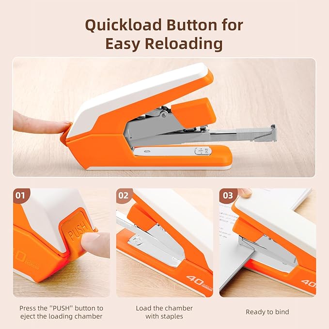 Deli Effortless Desktop Stapler, Heavy Duty Stapler, 40-50 Sheet Capacity, One Finger, No Effort, Includes 1500 Staples & Staple Remover, Orange