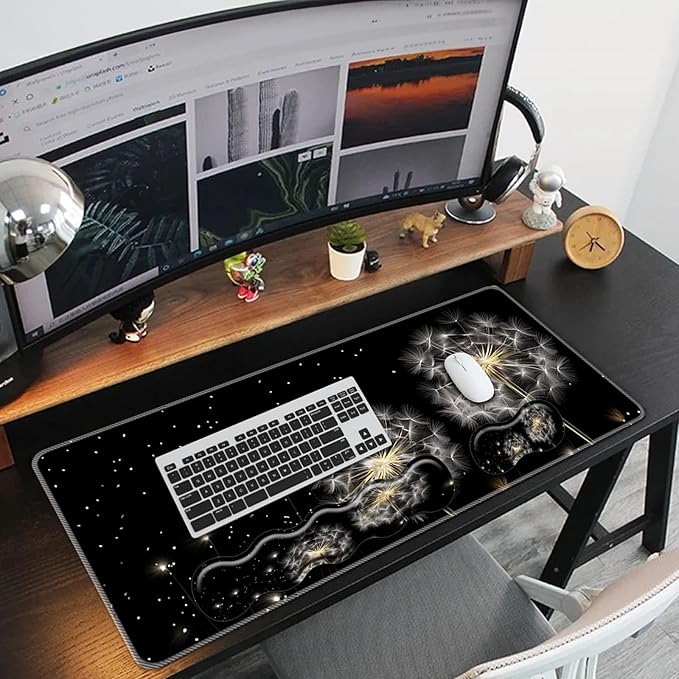Keyboard Mouse Pad Set,Large Mouse Pad+Keyboard Wrist Rest+Wrist Support+Coaster,31.5x11.8in Extended Desk Mat for Computer Laptop Office Home-Dandelion