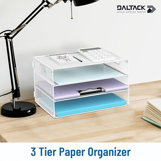 DALTACK 3 Tier Letter Tray Paper Organizer with Handle, Mesh Desk File Organizer, Paper Tray Desk Organizer for School Office Home, Metal Mesh, White