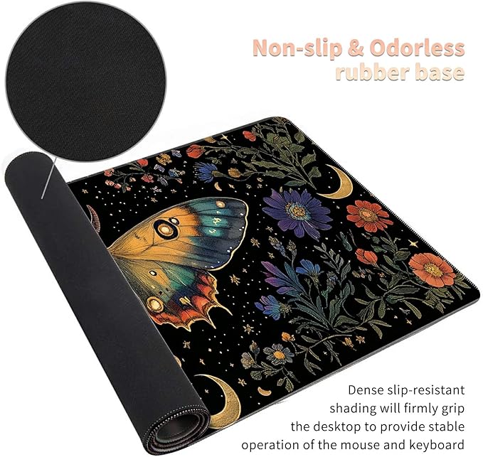 Desk Mat Large Gaming Mouse Pad (31.5x11.8 inch) with Stitched Edges, XL Mouse Pad +Coaster, Extended Mouse Mat Keybroad Mousepad Non-Slip Rubber for Gamer Men Women, Moth Moon Wild Flowers