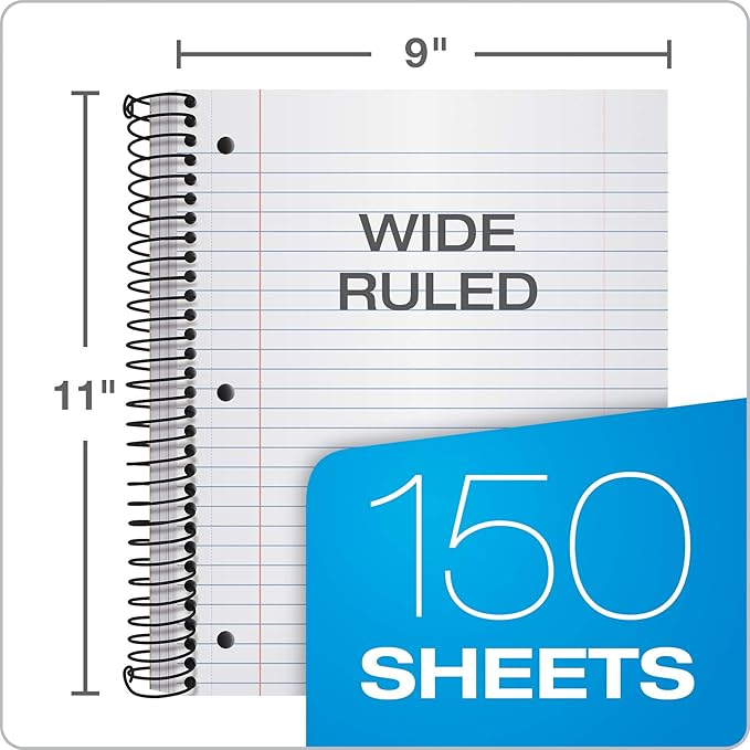 Oxford Spiral Notebook 3 Pack, 3 Subject, Wide Rule, Durable Plastic Covers, Strong Coil, 3 Durable Pockets, 8.5 x 11, 150 Sheets, Red, Green, Blue (89804)
