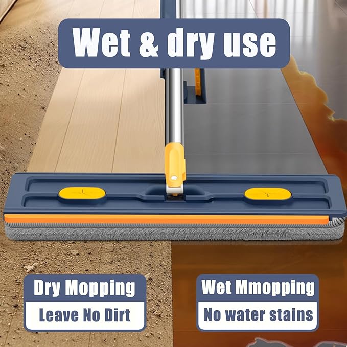 Large Flat Mop with Folding Bucket – Self-Wringing Floor Mop Set with 54" Stainless Steel Handle, 6 Reusable Microfiber Pads, 360° Swivel Head for Home Cleaning on Tile, Wood, Laminate (B-White)