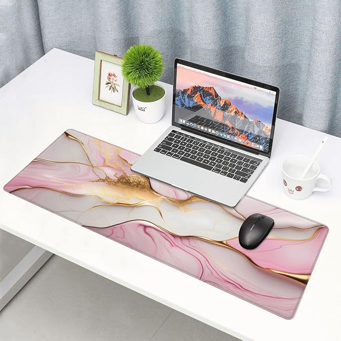 Desk Pad,Office Desk Mat 31.5"×11.8" Large Gaming Mouse Pad,Durable Extended Computer Mouse Pad,Waterproof Thick Big Mouse Pads with Non-Slip Rubber Base Office Home Pink Gold Marble