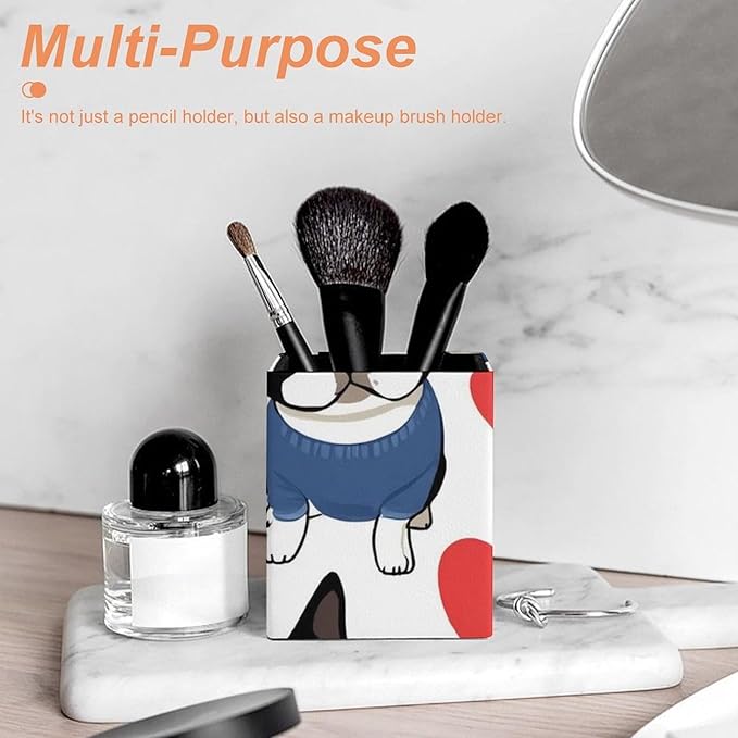 Pen Holder Square Leather Pencil, Holder Cup Makeup Brush Storage Organizer, Waterproof Multifunctional Office Supplies Boston Terrier Bulldog