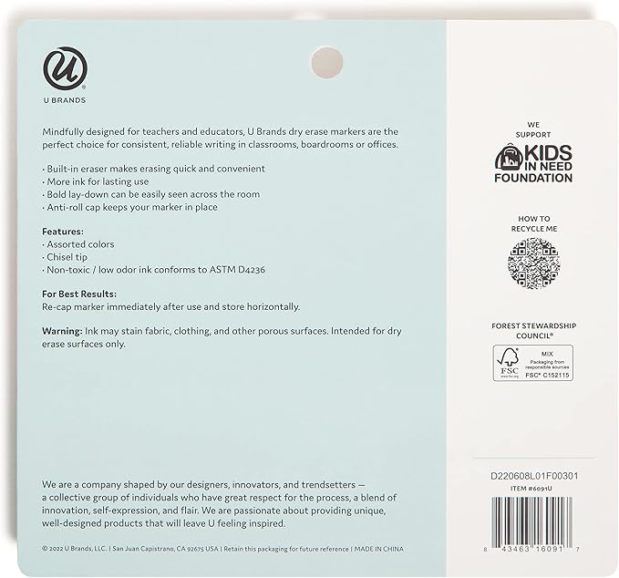 U Brands Fine Tip Dry Erase Markers with Eraser, Whiteboard Markers with Chisel tip, Extra Ink, Low Odor, Assorted Colors, Set of 5