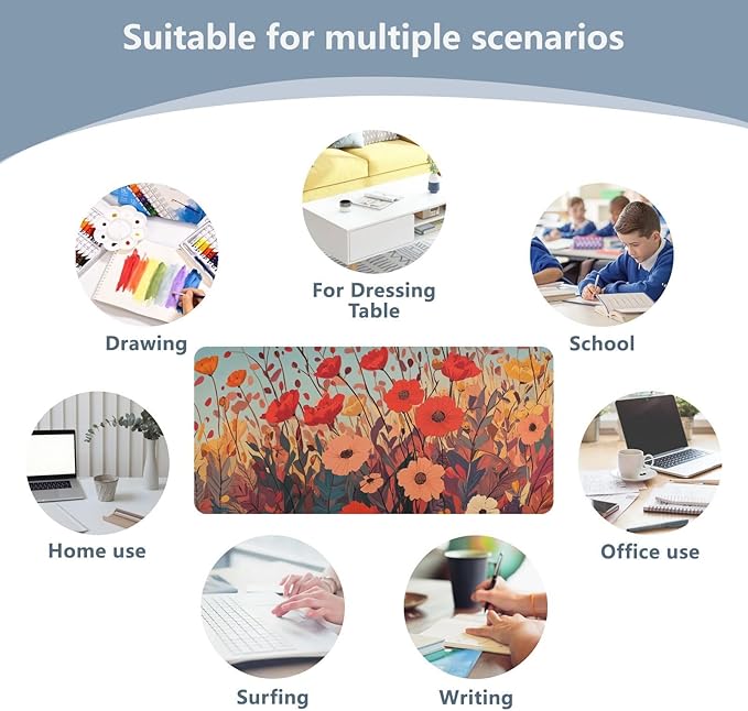 Mouse Pad Desk Mat Leather Desk Pad Large Gaming Desk Cover Protector Mat for Keyboard Computer Laptop Office Waterproof 35.4 x 16.5 Inch Autumn Poppy Flowers
