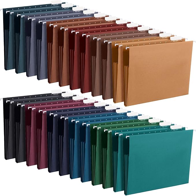 Yaomiao 24 Pack Hanging File Folders 3 Pleats Letter Size File Cabinet Folders with 1/5-Cut Adjustable Tabs Expandable Document Cabinet Colored for Home Desk Office Organization(Dark Color)