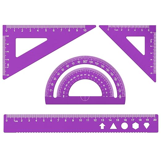 MSDADA Triangle Ruler, Protractor, Square and Ruler Set, 4 Pieces Aluminum Alloy Ruler, Metal Drafting Ruler Kit, Geometric Protractor for Student, School, Home, Office (Purple, 20cm/7.87inch)