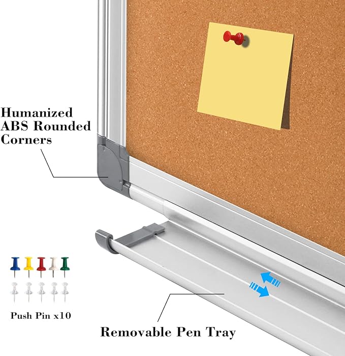 WALGLASS Combination Magnetic Whiteboard & Corkboard, 24"x18" Combo for School, Office & Home, Dry Erase Board with Removable Tray, Pins, Eraser, Markers & Magnets